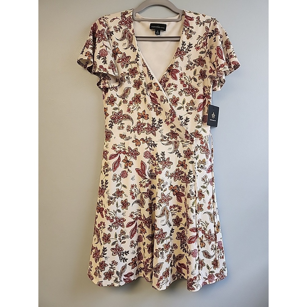 Womens M Fortune + Ivy White Paisley Flower Floral‎ Faux Wrap Lined Mini Dress